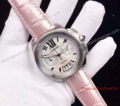 Copy Cartier Quartz Stainless Steel White Face Pinl Leather Band Watch